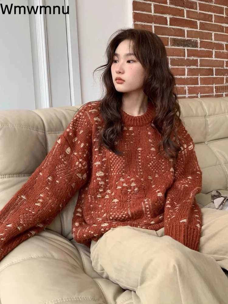 Ripped Knitted Sweater O-Neck Women's Casual Baggy Long Sleeved Soft Knitwear Pullovers Sueter Loose Korean Fashion Soft Jumpers J260916