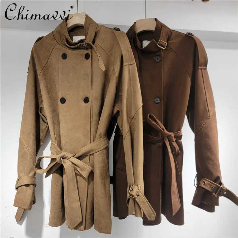 Clothes 2025 Autumn New Fashion Retro Stand Collar Lace-Up Jacket Women Cool Slim Fit Elegant Long Sleeve Suede Trench Coat C260917