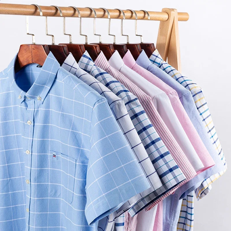 100% Cotton Breathable Men Oxford Short Sleeve Summer Plaid Shirts Striped Male Clothes Business Regular Fit Oversized 260916