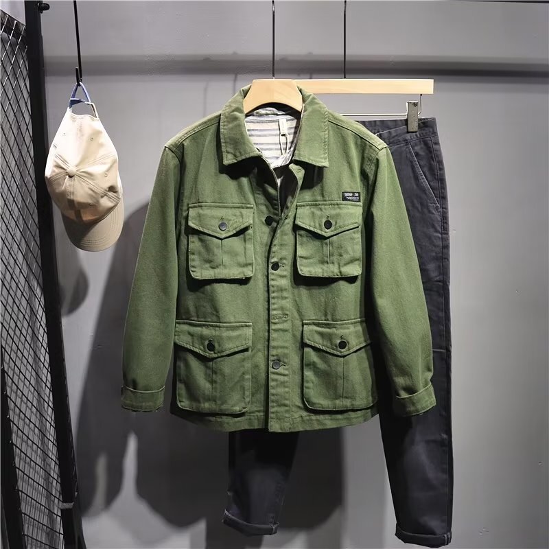 2026 Men Heavyweight Washed Cotton Jacket Multi Pocket Loose Workwear Casual Outerwear Spring Autumn Streetwear Tops 26Y0917