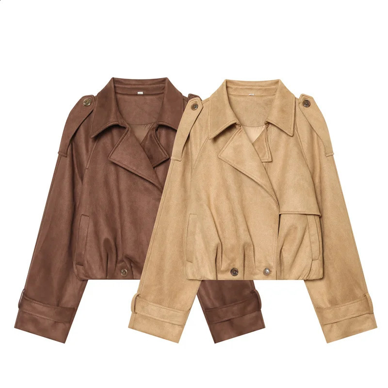 Women Faux Suede Cropped Trench Jacket Lapel Collar Epaulet n Loose Short Coat Retro Casual Street Commute Outerwear 260915