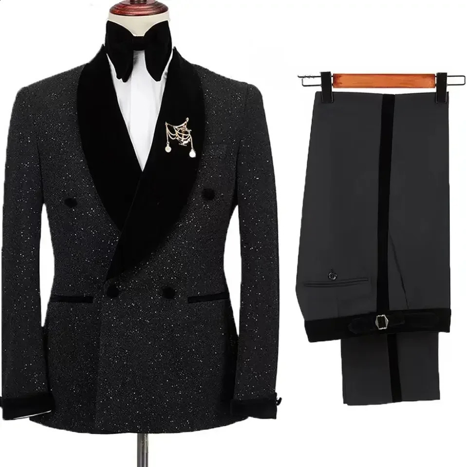 Men Suits 2 Pieces Shining Jacket With Black Pants Set Velvet Shawl Collar Wedding Groom Tuxedos Double Breasted Dress Costumes 260917