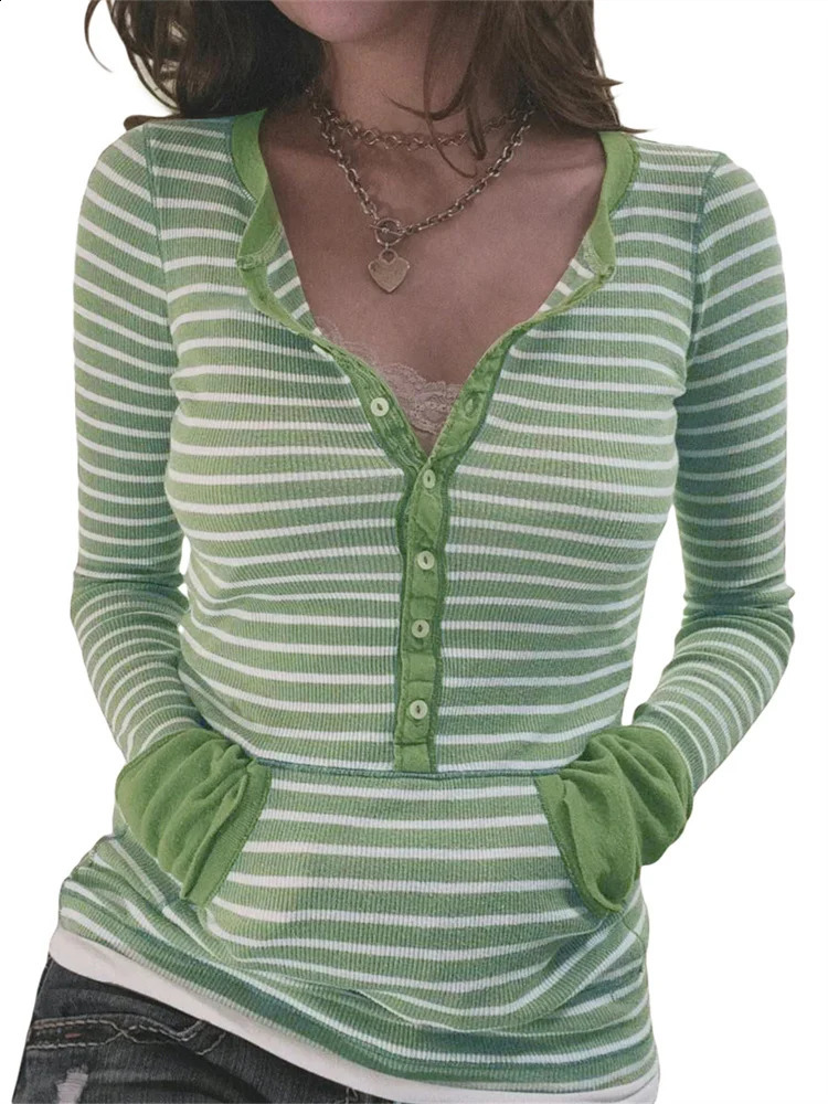 Women Autumn Tops Long Sleeve Button Neck Stripe Knit Shirts Y2K Aesthetic Tshirt 2000s Casual Gothic Grunge 260917