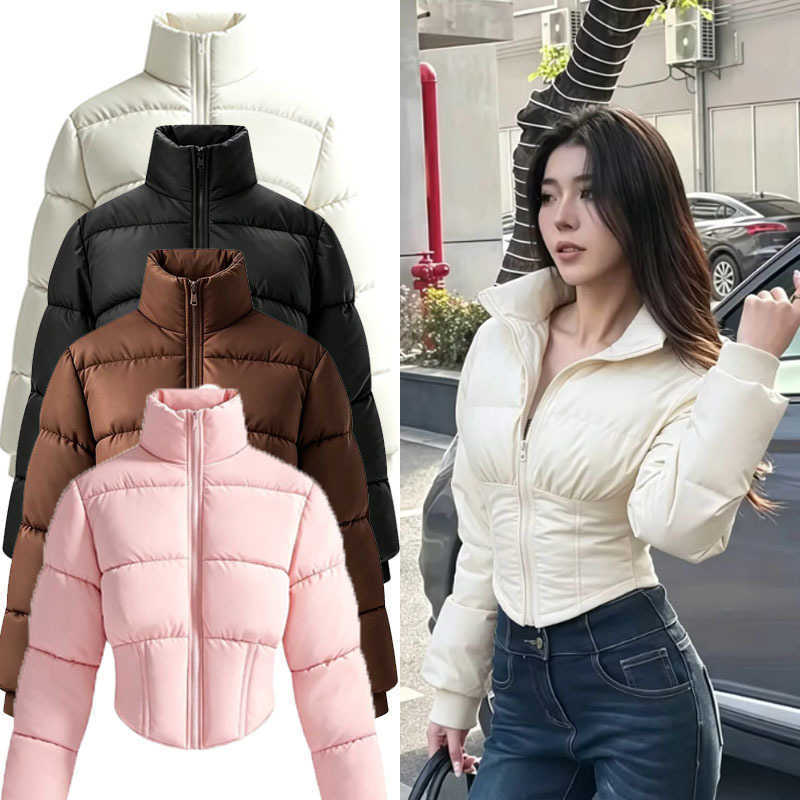 Warm Women's Down Coat Winter Solid Stand High Collar Full Sleeve Short Puff Jacket Waist Cinched Slim 2026 New Lady Outerwear H260917