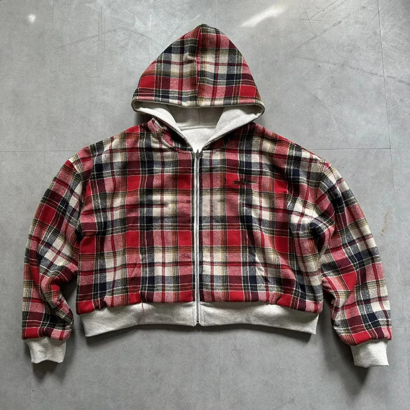In The Autumn Winter of 2026 European American Style Hooded Zipper Checkered Patchwork Hoodie for Men Wearing on Both Sides 260917