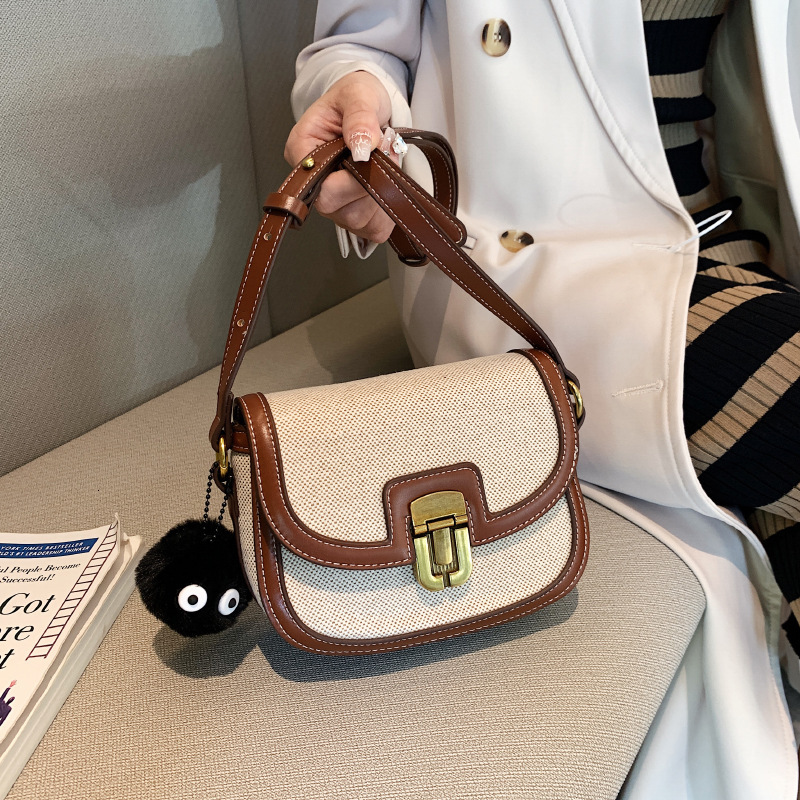 Cross-Border Foreign Trade Women 2025 New Korean Version Niche Color-Block Canvas Saddle Retro Fashion Trendy Crossbody Bag Designer Bag