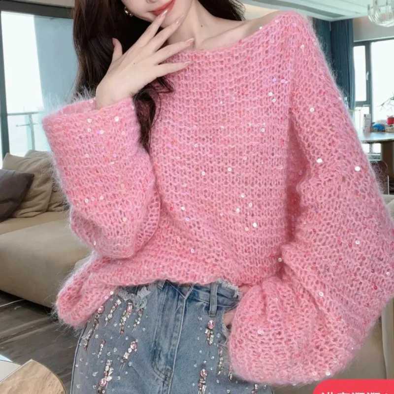 Cashmere Out Women Hollow Knitwear Autumn Winter Loose Retro Sequins Pullover Knitted Sweater Solid High Street Wool Jumper T859 J260916
