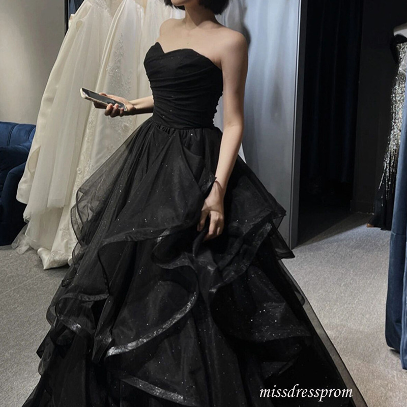 Elegant Black Evening Dresses Strapless Tiered Draped Prom Gowns Women Formal Occasion Birthday Celebrity Party Dress Robe de Bal 917