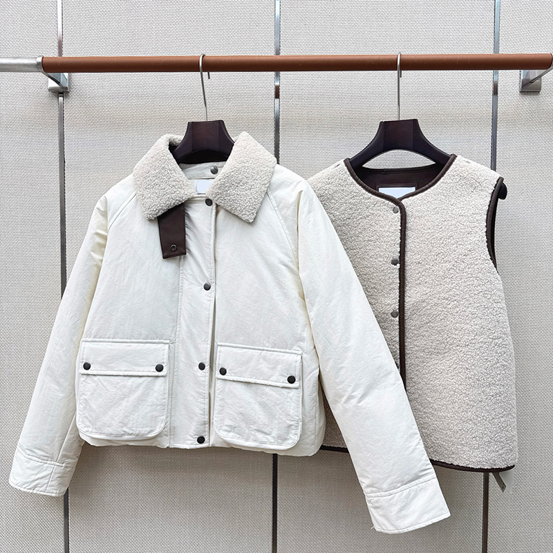 Fleece Panelled Designer Jacket For Women 2 Pieces Zip Warm Cargo Preppy Style Down Jacket Winter Layering Sleeveless Street Retro Waistcoat Set