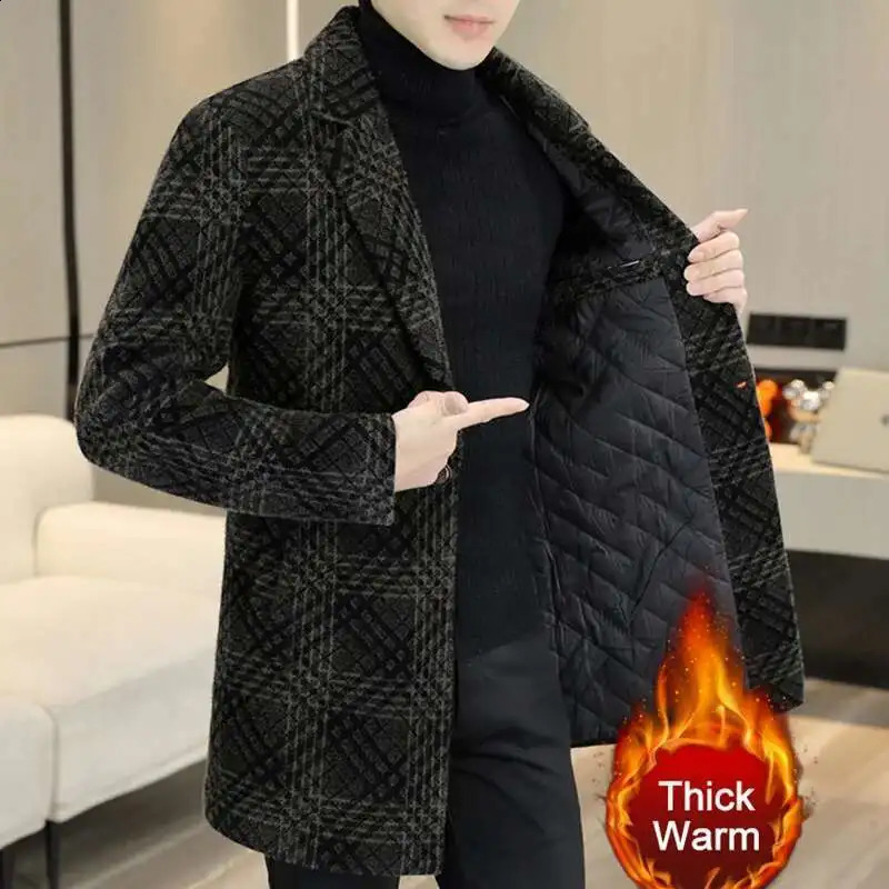 British Plaid Mens Thick Trench Coat Winter Men's Woolblen Windbreaker Single Breasted Long Jacket Abrigo Largo Hombre 260916