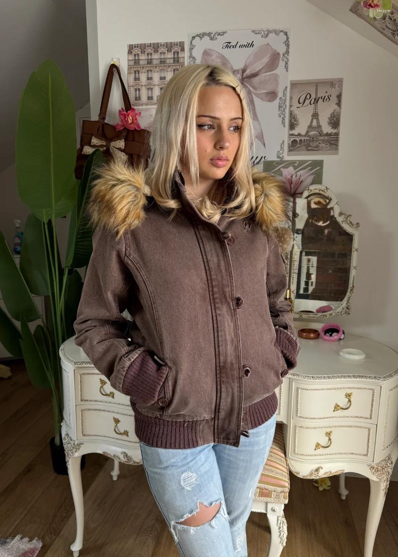 Women Vintage Full Length Jacket Fur Collar Faux Hood Thick Warm Zip Up Short Parka Coat Ribbed Hem Casual Streetwear