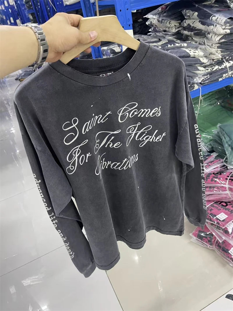 SAINT Highquality Letter Skull Pattern Printed Casual Street VTG Long Sleeved Tshirt Washed Versatile Pure Cotton 260916