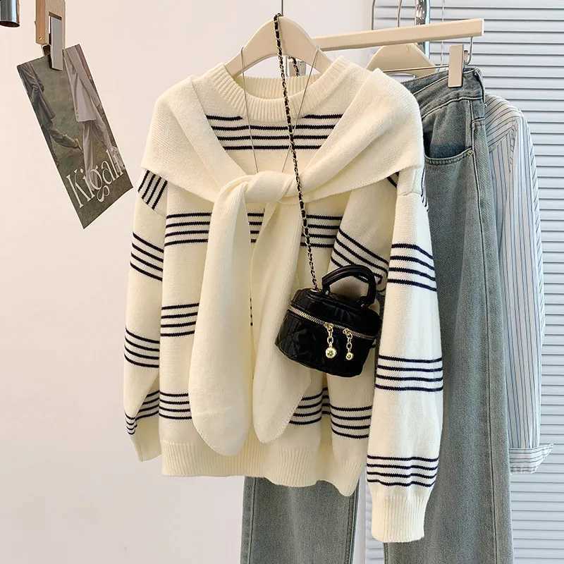 TwoPiece Women Knit Fake Pullover Sweater Striped Top Attached KnottedElastic Loose Long Sleeve Jumper Autumn Casual Outfits J260916