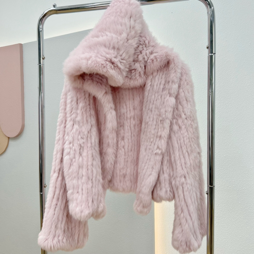 Autumn Winter Women Rabbit Fur Coat 100% Natural Jacket Loose Manual Weave Quality Streetwear Hooded Flare Sleeves 260916