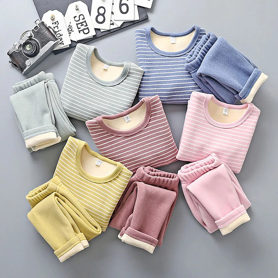 Cozy Warmth Plush Lined Children Striped Pajama Sets ned for Autumn and Winter Homewear Suitable Kids Daily Wear and Sleep 260915