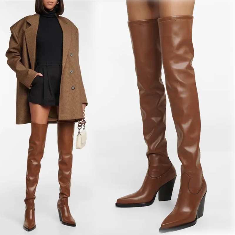 New Retro European and American Style Pointed Toe Chunky Heeled Genuine Leather Women s Over the-Knee Boots with a Snug Fit Slimming Plus Size Boots