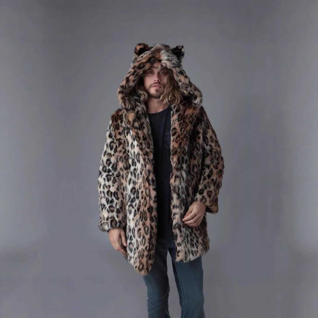 Winter Fur Jacket Men Faux Coat Thick Hooded Leopard Print Mid Length Warm Ears Overcoat Vintage Loose Casual 2025 Outerwear W260915