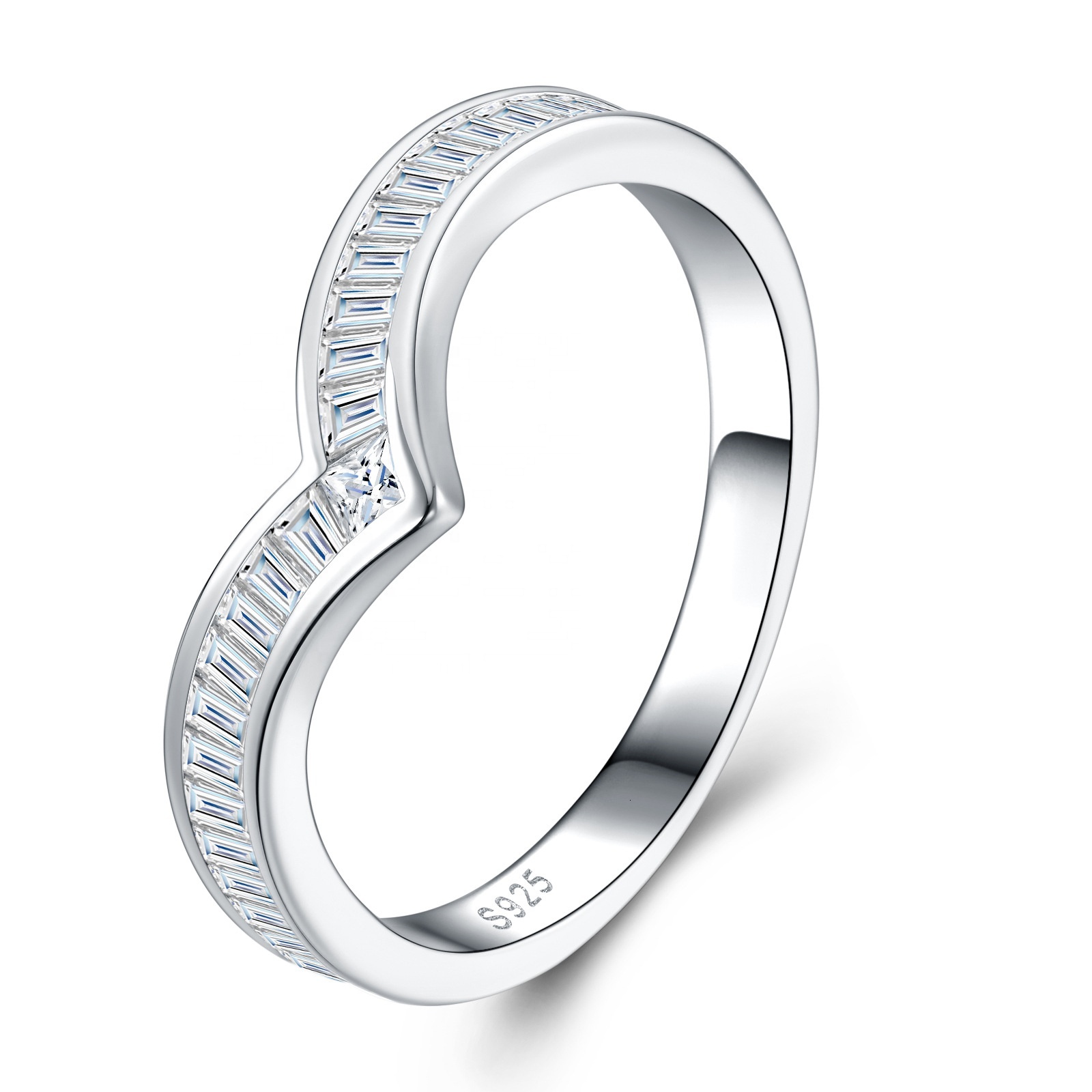 Luxury V-shaped 925 Sterling Silver Moissanite Rectangular Cut Stackable Jewelry Wedding Ring