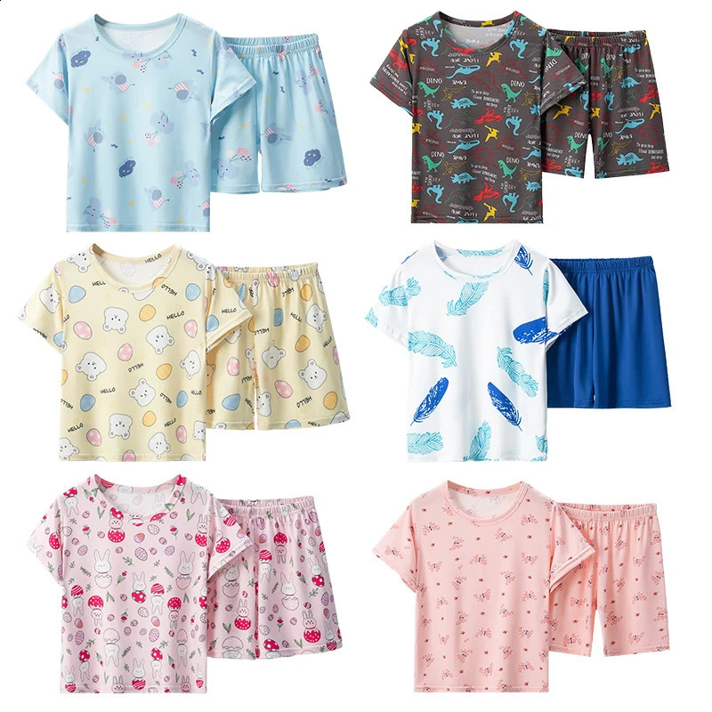 2-Pcs Summer Children's Cute Printed Short-sleeved Shorts Suit Boy Casual Joker Dinosaur Top Girl Pink Sweet Soft Home Clothes 260915