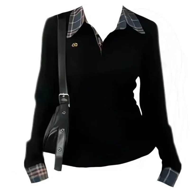 Polo Neck Plaid Patchwork Embroidery T Shirts Spring Autumn Two-piece Slim High Street Tops Fashion Casual Women Clothing 260825ww