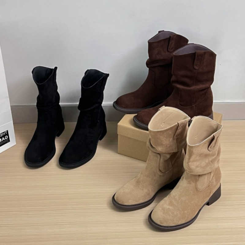 Women SlipSuede Mid Calf Boots Round Toe Block Heel Shoes Autumn Vintage Daily Casual Walking Western Booties D260917