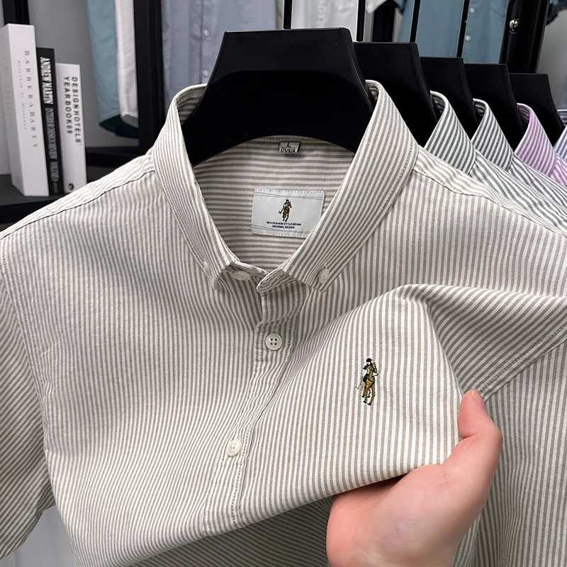 Quality Brand Men's Shirt 100Cotton Lapel Horse Embroid Short-sve Stripe Shirt Summer New Fashion Office Menswear Top Q260917