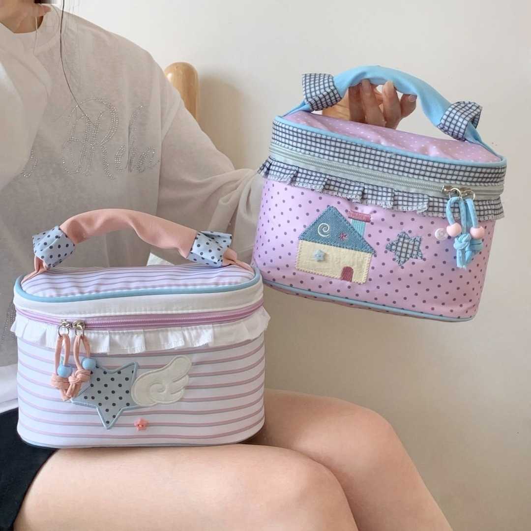 Stripe Korean Patchwork Polka Dot Makeup Bag for Women Large Capacity Portable Handheld Toiletry Pouch Travel Cosmetic OrganizerT260917