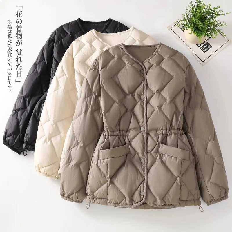 Spring Autumn Lightweight Down Cotton Jacket for Women Fashionable Collarless V-Neck Design Solid Color Coat W2183 H260917