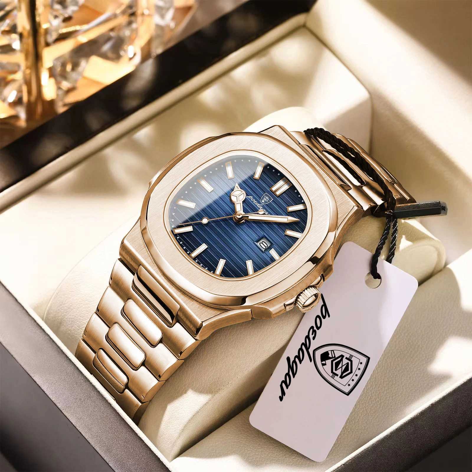 POEDAGAR Top Business Luxury Men's Quartz Watch Waterproof Luminous Date Stainless Steel Square Man Clock Sports Watches For MenT260916
