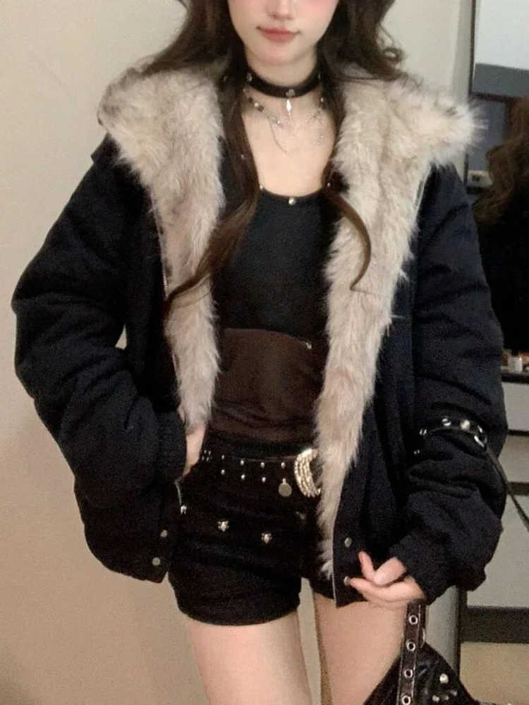 Jacket American Style Retro Hooded Winter Gothic Harajuku Fashion Black Coat Casual Outerwear Y2k Fur Collar Parkas Woman Chic H260917
