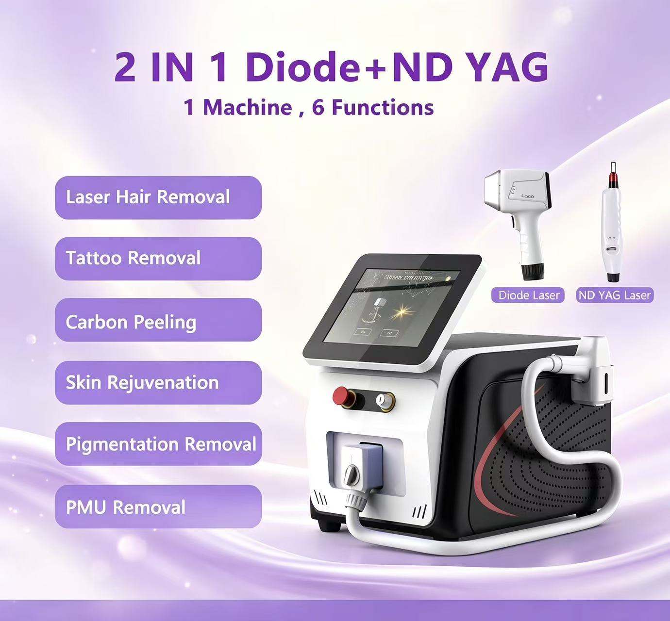 Desktop 2-in-1 Diode Laser Hair Removal & Nd:YAG Tattoo Removal Machine 4 Wavelength