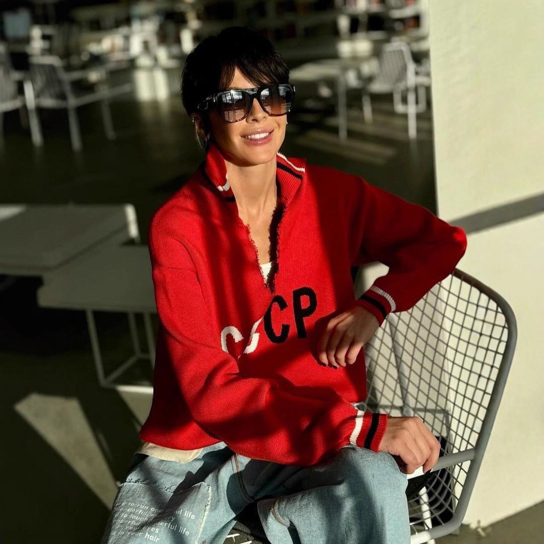 Winter Letter Print Casual Versatile Jacquard V-Neck Pullover Loose Relaxed Style Women's Round Neck Sweater 94