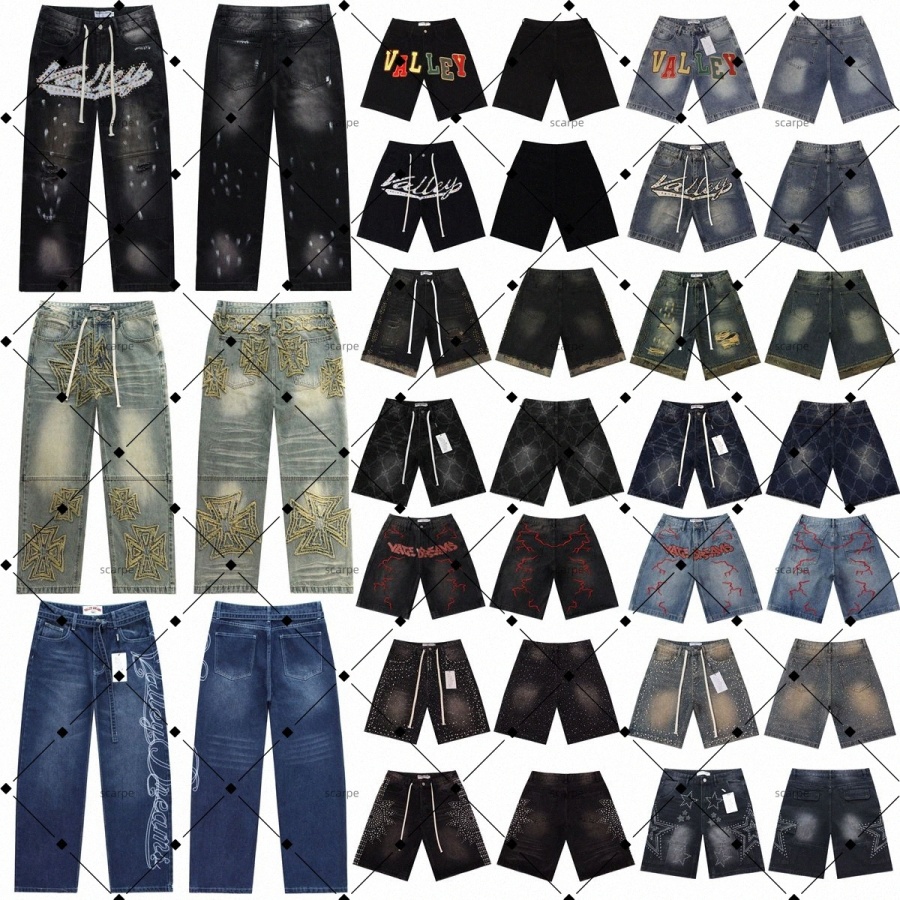 valleys dream shorts jeans jean shorts designer shorts Retro Style Denim Washed Trendy Brand Vintage Letter Printing rhinestone Straight Leg Jorts S