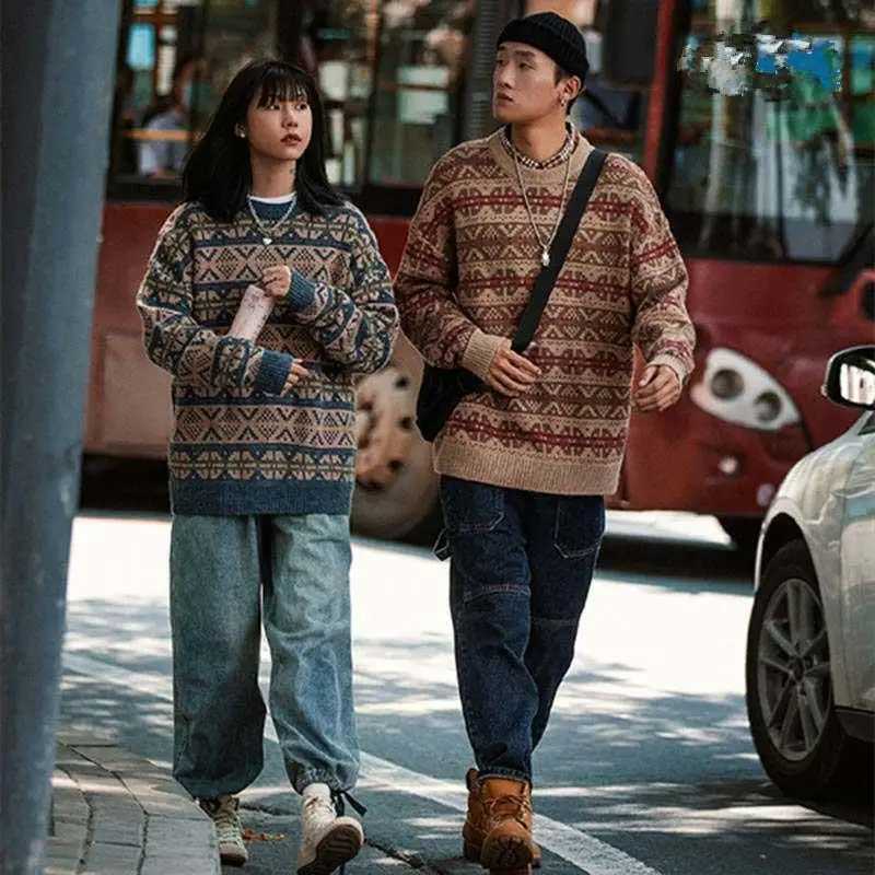 Autumn Winter Outdoor Printed Sweater Couple Retro Causal Loose High Street Sweaters Jacket Men Women Pullovers Male Clothes S260917ZWQV