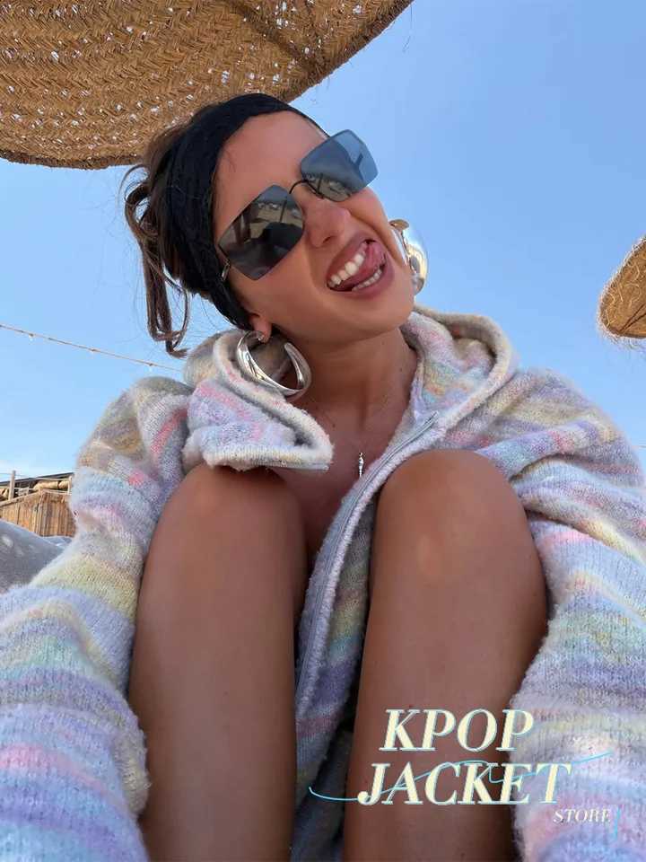 Rainbow Gradient Stripe Women Knit Hooded Cardigan Zip Up Drop Shoulder Long Sleeve Cropped Fuzzy Loose Sweater Spring Fall Wear J260916
