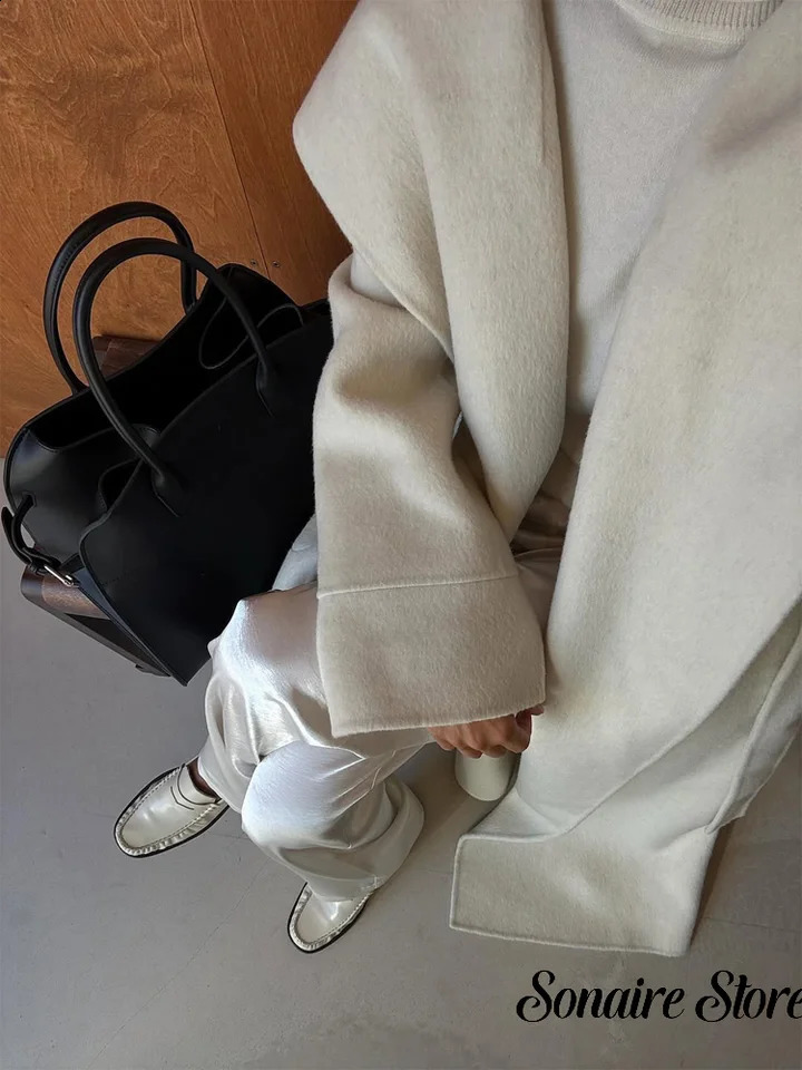 Navy Collar Lace Up Woolen Long Coat Elegant Vneck Full Sleeves Pocket Loose 2026 Spring Lady Daily Street Wear 260917