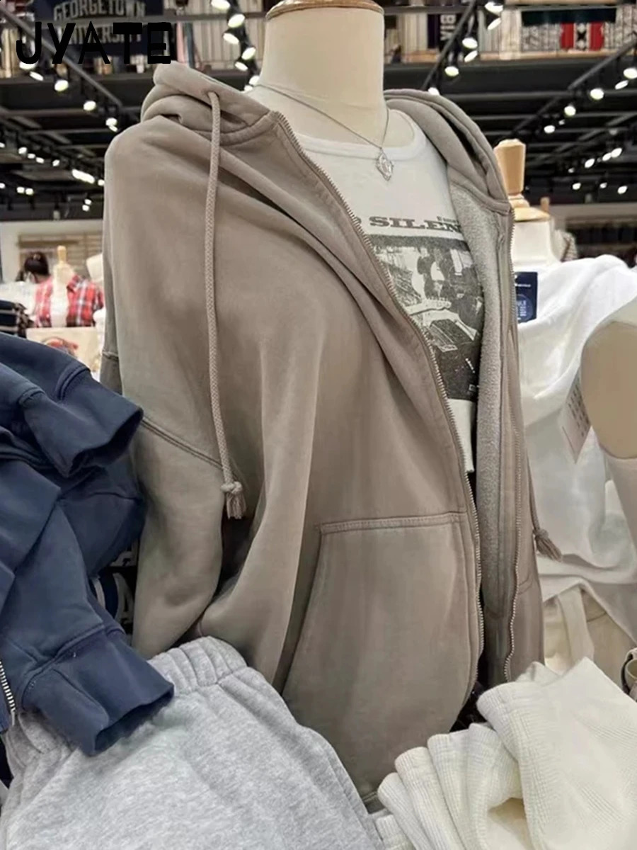 Vintage Solid Cotton Zipper Hooded Sweatshirts Women Pockets Drawstring Basic Loose Hoodie Tops Casual Simple Chic Hoodies Coat 260917