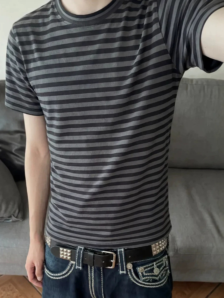 European American style, trendy striped crew-neck sweatshirt and short-sleeve T-shirt set, retro streetwear top cb
