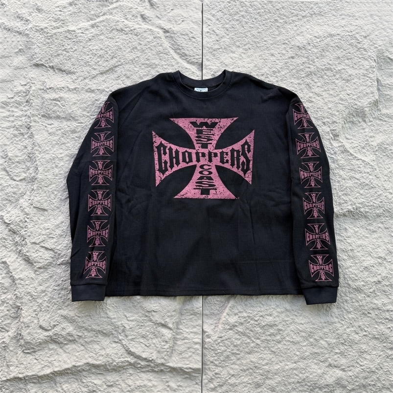 American Style Streetwear Quality Waffle Fabric Printed Tops Oversized Long Sleeves Tee 100%Cotton Vintage T Shirt Men Woman 260916
