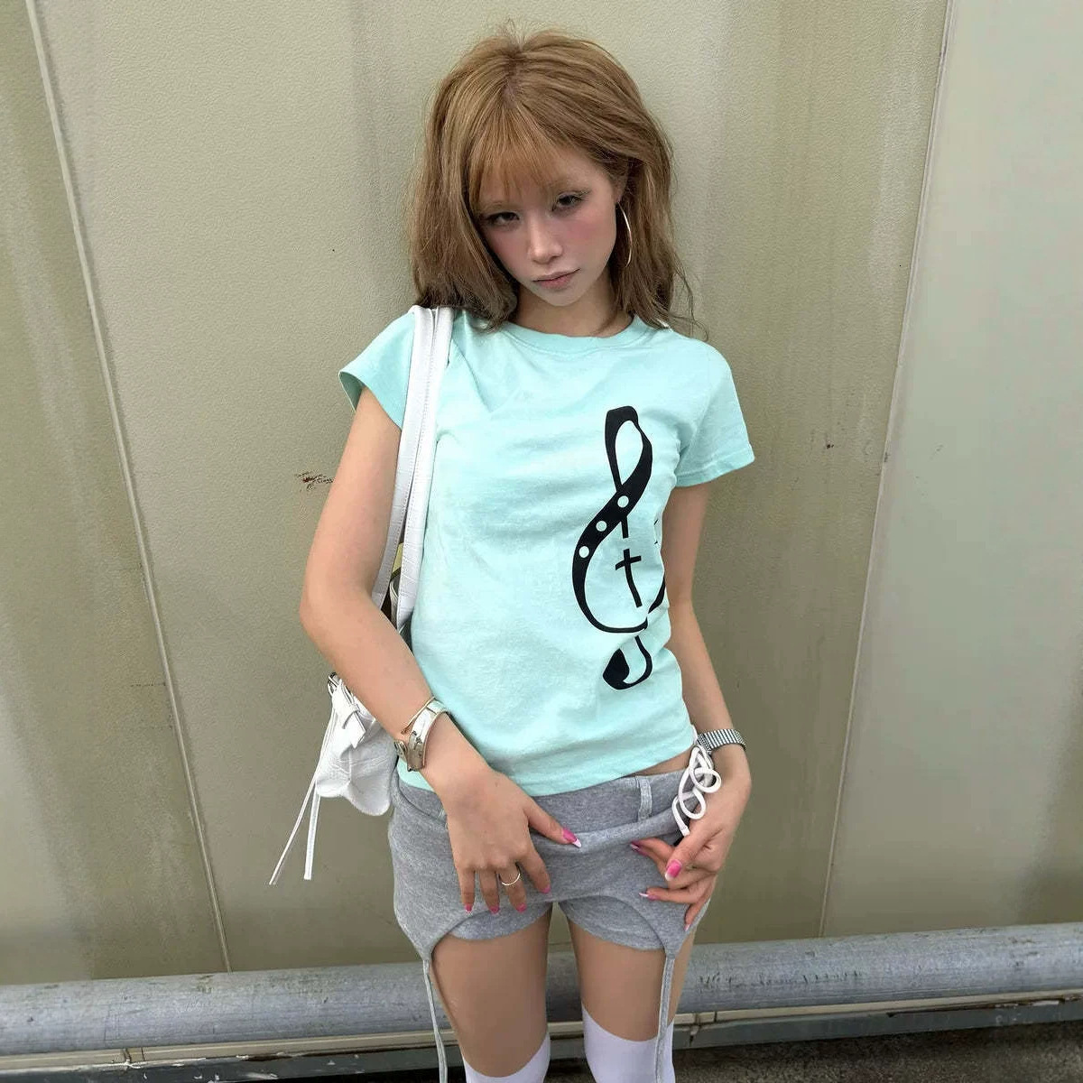 European and American style, trendy, cross-border, personalized musical note print, Korean-style printed short-sleeve T-shirt 4d