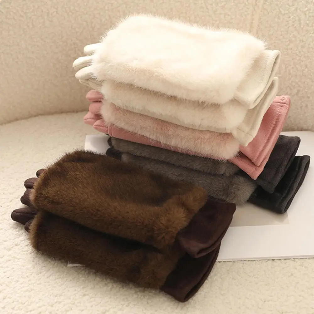 Thickened Suede Gloves For Women Cold Weather Winter Warm Gloves With Rabbit Faux Fur Can Detachable Thermal Lining Party Gloves260915