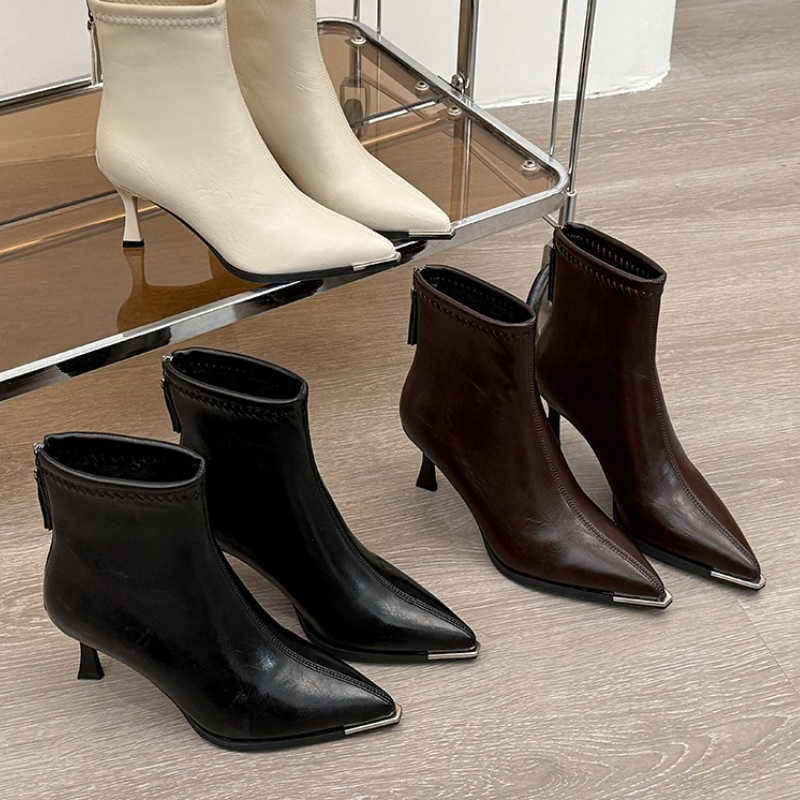 Slim 2026 New Spring Women Ankle Boots fashion Elegant Metal Pointed Toe Shoes Thin High Heel Women's Morder Short Booties D260917
