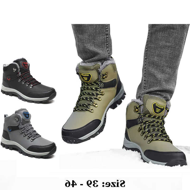 leather High quality high top snow boots for men fur lining size 45 46 new 2025 winter outdoor hiking mountain shoe green grey D260917