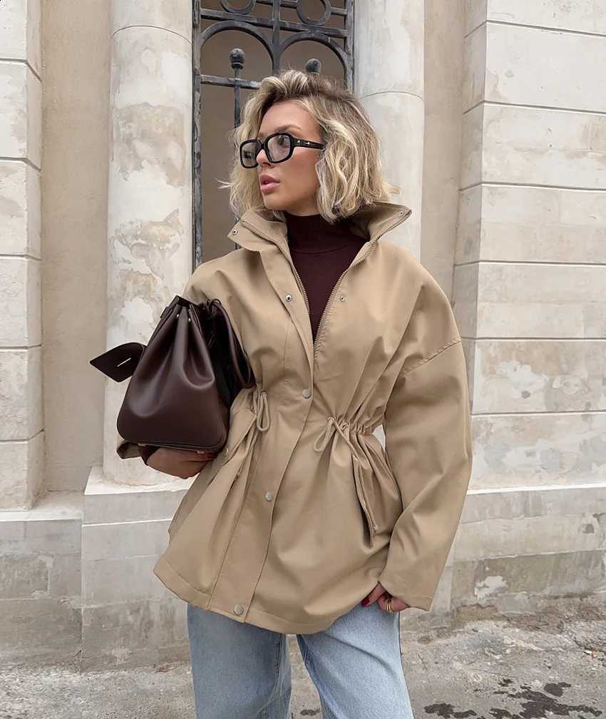 Fashion Waist-closing THRUM Mid-Length Coat Women's Loose Draw High Collar Zipper Solid Splicing Jacket Lady Autumn Casual Wear C260917