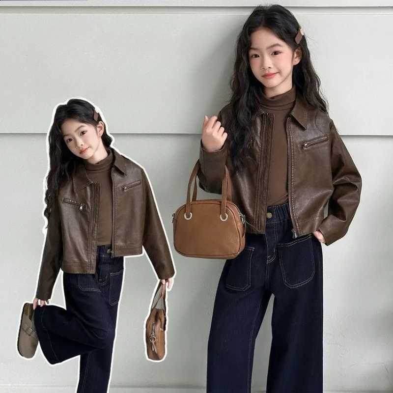 Girls PU Kids Leather Jackets 2026 New Fashion Children Brown Jacket Spring Autumn Clothing Teenage Girls Loose Jackets CoatsT260916