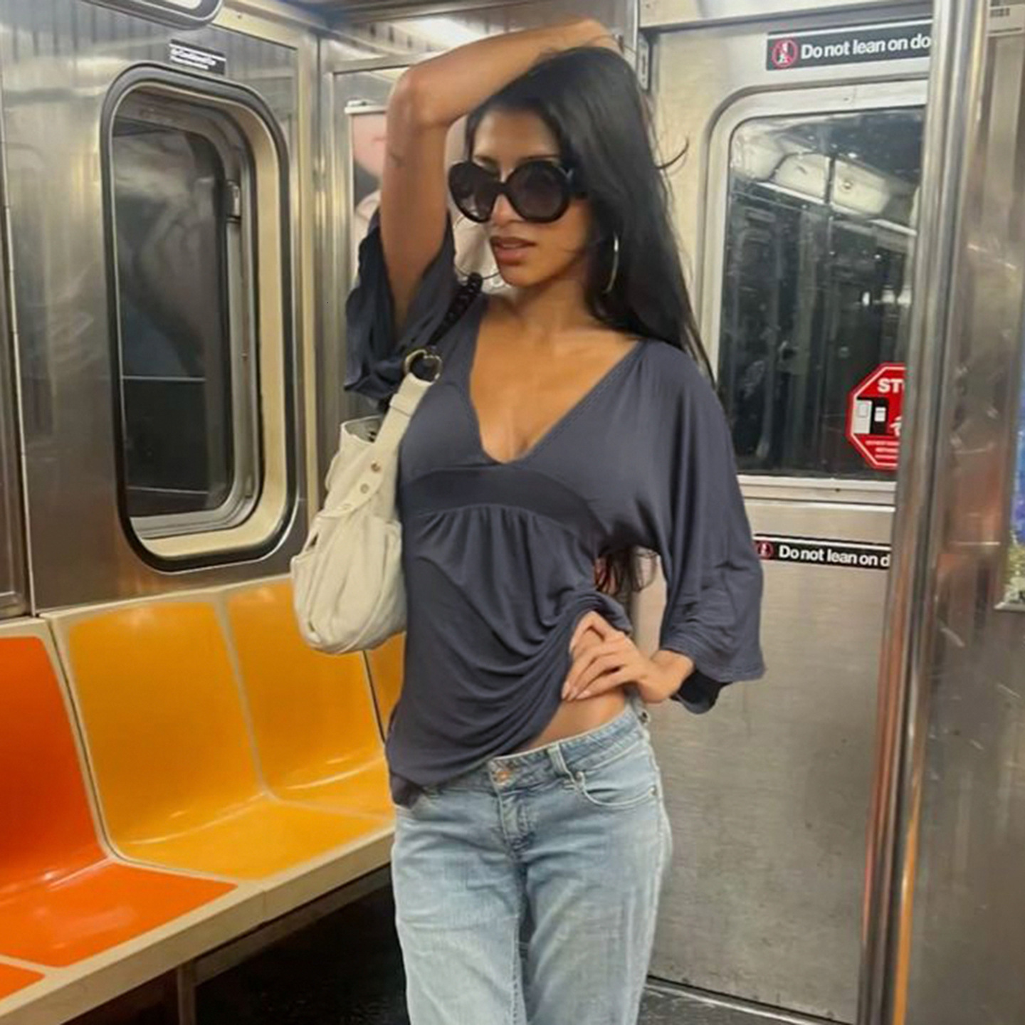 European and American sexy V-neck solid color drapey mid-sleeve T-shirt for women with bell sleeves, elegant waist-cinching A-line top 2a