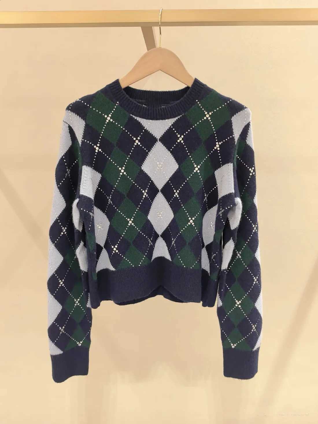 Block Color High-End Version Pattern Short Knitted Sweater round Neck Long SLeeve Women's Fashion Top Quality Blue J260916