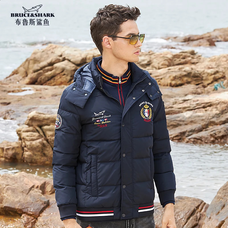 Winter Men Down Feather Jacket 70 Grey duck down Embroidery Fashion Casual Bruce Shark Male Hooded Thermal Outerwear Big 260917
