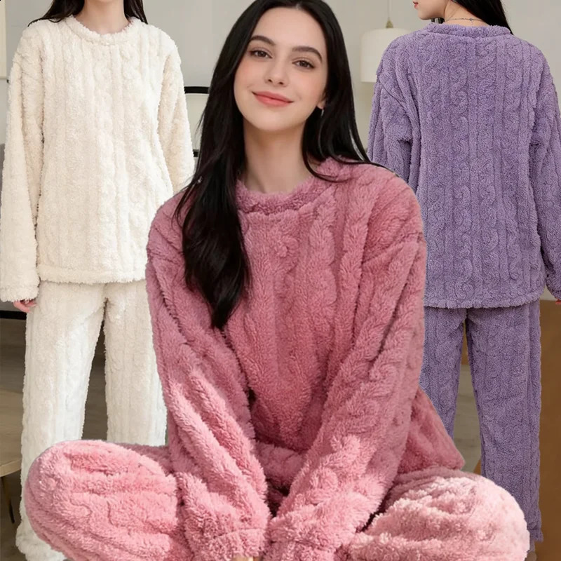 Autumn Women Solid Warm 1/2 Piece Sets Thicken Velvet Ribbed Fleece Set Pullover And Pants Women Casual Pajama Sets 2025 260916
