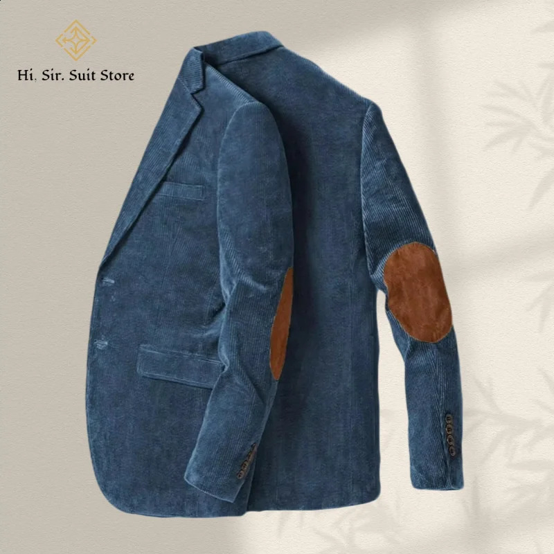 Retro Corduroy Mens Suit SpringAutumn LongSleeved Jacket Slim Fit Patchwork Workwear Casual Outerwear Male Blazer Grey 260914